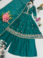 Designer Green Silk Embroidery Work Sharara Suit