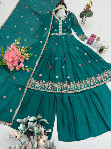 Designer Green Silk Embroidery Work Sharara Suit