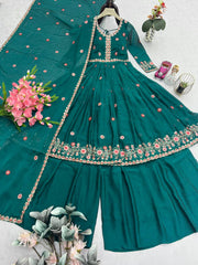Designer Green Silk Embroidery Work Sharara Suit