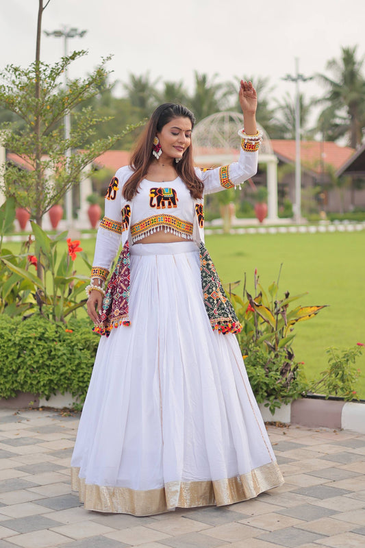 Precious White Cotton Gamthi Work Lehenga Choli