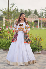 Precious White Cotton Gamthi Work Lehenga Choli