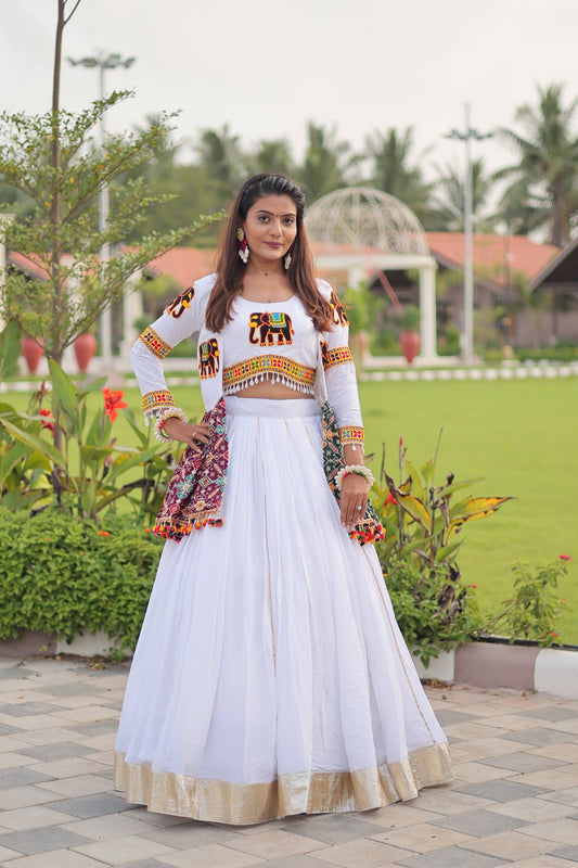 Precious White Cotton Gamthi Work Lehenga Choli