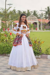 Precious White Cotton Gamthi Work Lehenga Choli