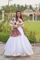 Precious White Cotton Gamthi Work Lehenga Choli