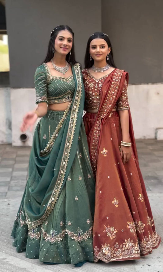 Classy Brown Chinon Embroidery Work Lehenga