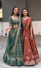 Classy Brown Chinon Embroidery Work Lehenga