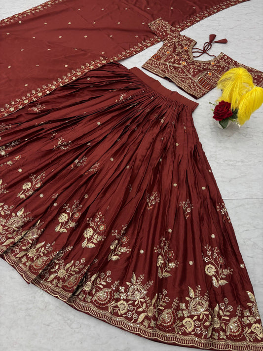 Classy Brown Chinon Embroidery Work Lehenga