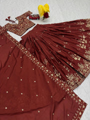 Classy Brown Chinon Embroidery Work Lehenga