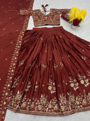 Classy Brown Chinon Embroidery Work Lehenga