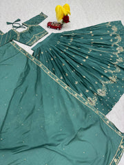 Classy Brown Chinon Embroidery Work Lehenga