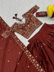 Classy Brown Chinon Embroidery Work Lehenga