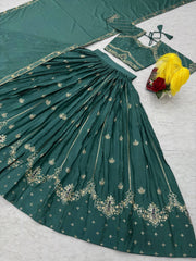 Classy Brown Chinon Embroidery Work Lehenga