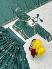 Classy Brown Chinon Embroidery Work Lehenga