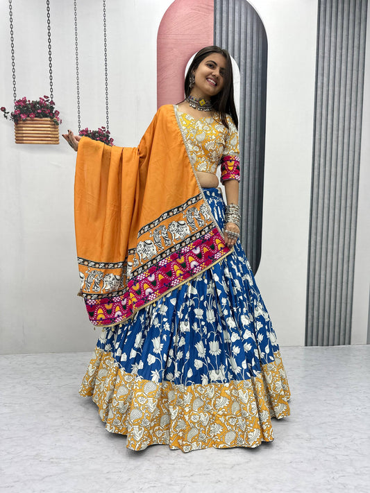 Navratri Special Yellow Cotton Gamthi Work Lehenga Choli
