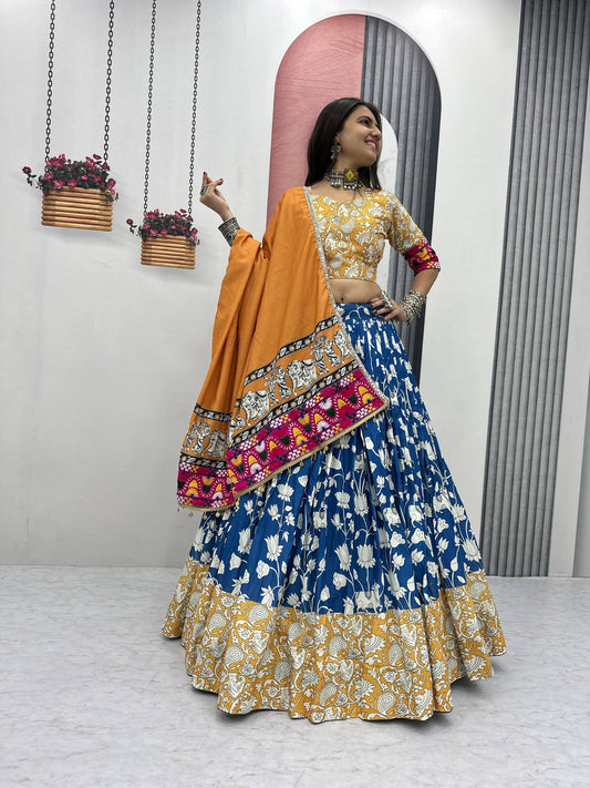 Navratri Special Yellow Cotton Gamthi Work Lehenga Choli