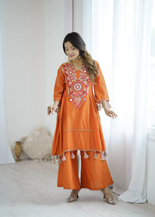Ravishing Orange Cotton Work Co-ord Set