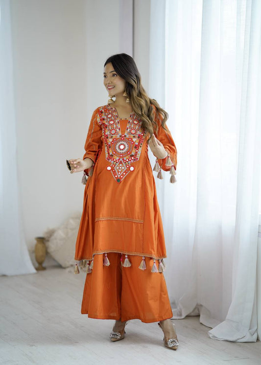 Ravishing Orange Cotton Work Co-ord Set
