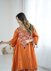Ravishing Orange Cotton Work Co-ord Set