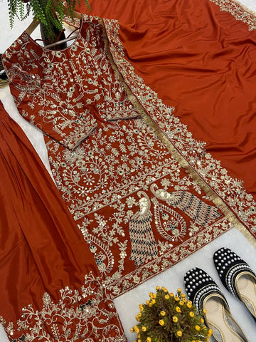 Bridal Wear Brown Color Heavy Work Punjabi Style Suit