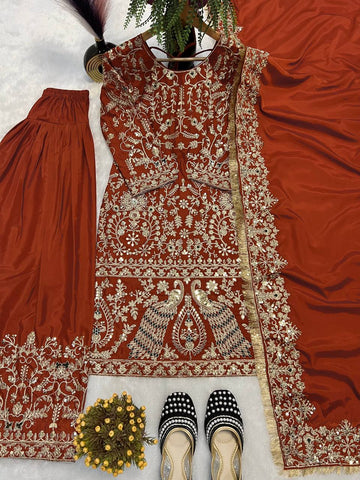 Bridal Wear Brown Color Heavy Work Punjabi Style Suit