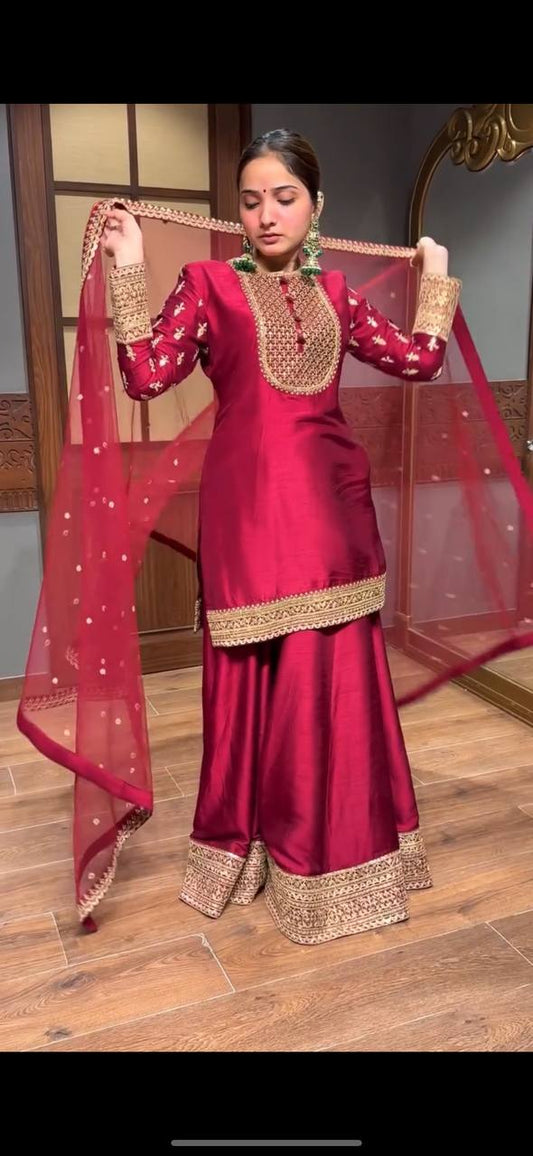 Alluring Red Silk with Sequence Work Sharara Suit