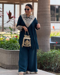Gorgeous Royal Blue Chinon Embroidery Palazzo Suit