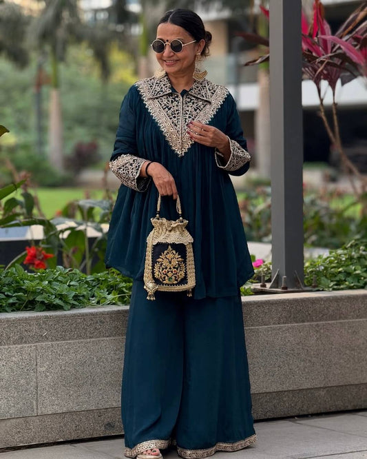 Gorgeous Royal Blue Chinon Embroidery Palazzo Suit