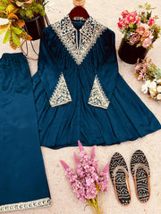 Gorgeous Royal Blue Chinon Embroidery Palazzo Suit