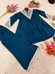 Gorgeous Royal Blue Chinon Embroidery Palazzo Suit