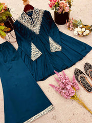 Gorgeous Royal Blue Chinon Embroidery Palazzo Suit