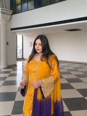 Designer Yellow Satin Silk Embroidery Palazzo Suit