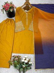 Designer Yellow Satin Silk Embroidery Palazzo Suit