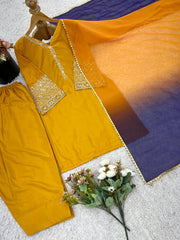 Designer Yellow Satin Silk Embroidery Palazzo Suit