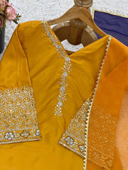Designer Yellow Satin Silk Embroidery Palazzo Suit