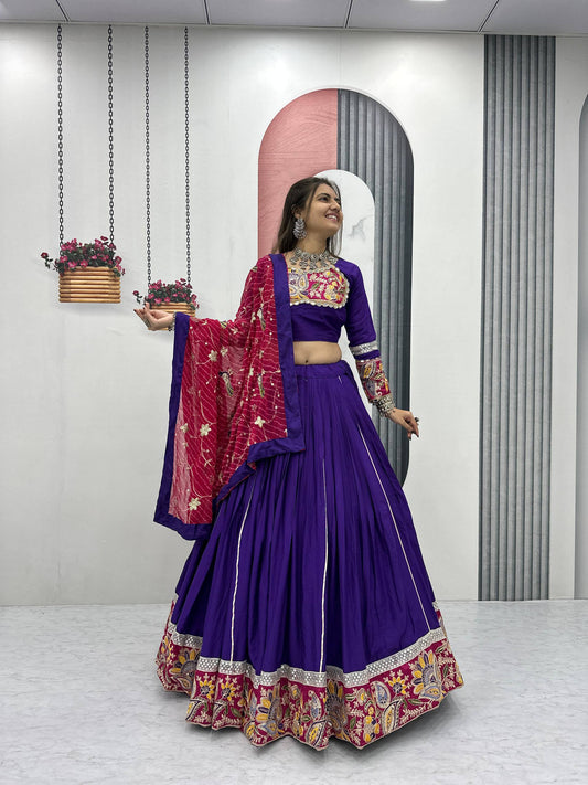 Purple Cotton Embroidery Work Lehenga Choli For Navratri