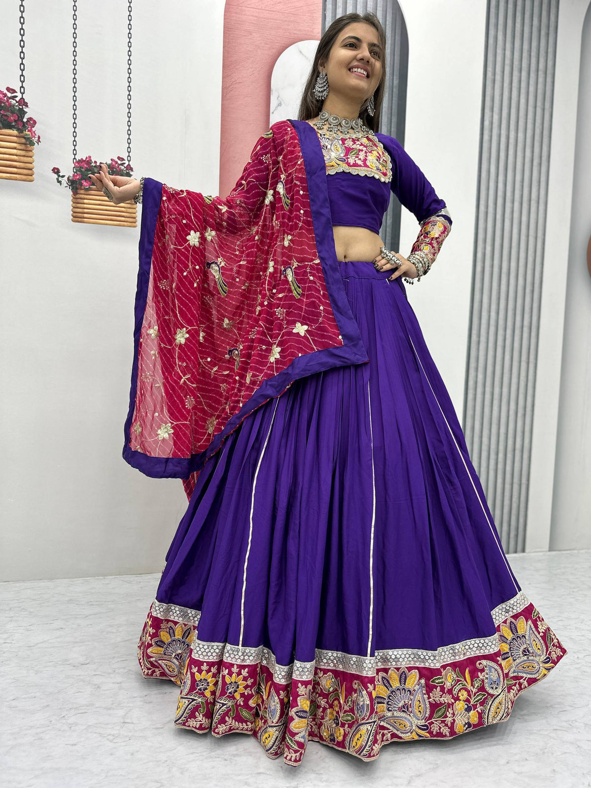 Purple Cotton Embroidery Work Lehenga Choli For Navratri