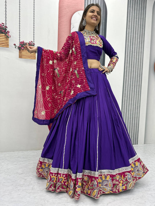 Purple Cotton Embroidery Work Lehenga Choli For Navratri