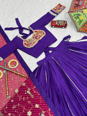 Purple Cotton Embroidery Work Lehenga Choli For Navratri