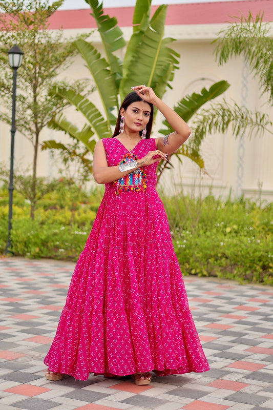 Pink Georgette Embroidery Work Navratri Gown