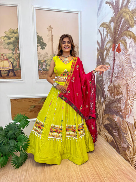 Yellow Rayon Embroidery Work Navratri Lehenga Choli
