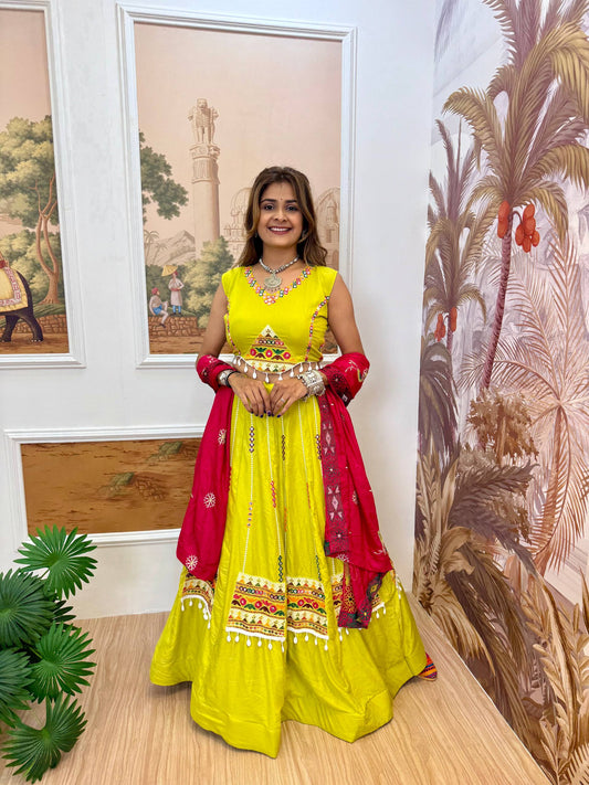 Yellow Rayon Embroidery Work Navratri Lehenga Choli