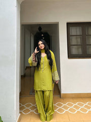 Designer Yellow Satin Silk Embroidery Palazzo Suit