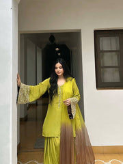 Designer Yellow Satin Silk Embroidery Palazzo Suit