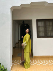 Designer Yellow Satin Silk Embroidery Palazzo Suit
