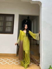 Designer Yellow Satin Silk Embroidery Palazzo Suit