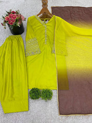 Designer Yellow Satin Silk Embroidery Palazzo Suit