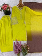 Designer Yellow Satin Silk Embroidery Palazzo Suit