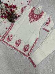 Designer White Cotton Silk Work Palazzo Suit