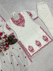 Designer White Cotton Silk Work Palazzo Suit
