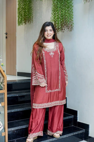 Brown Color Embroidery Work Elegant Palazzo Suit